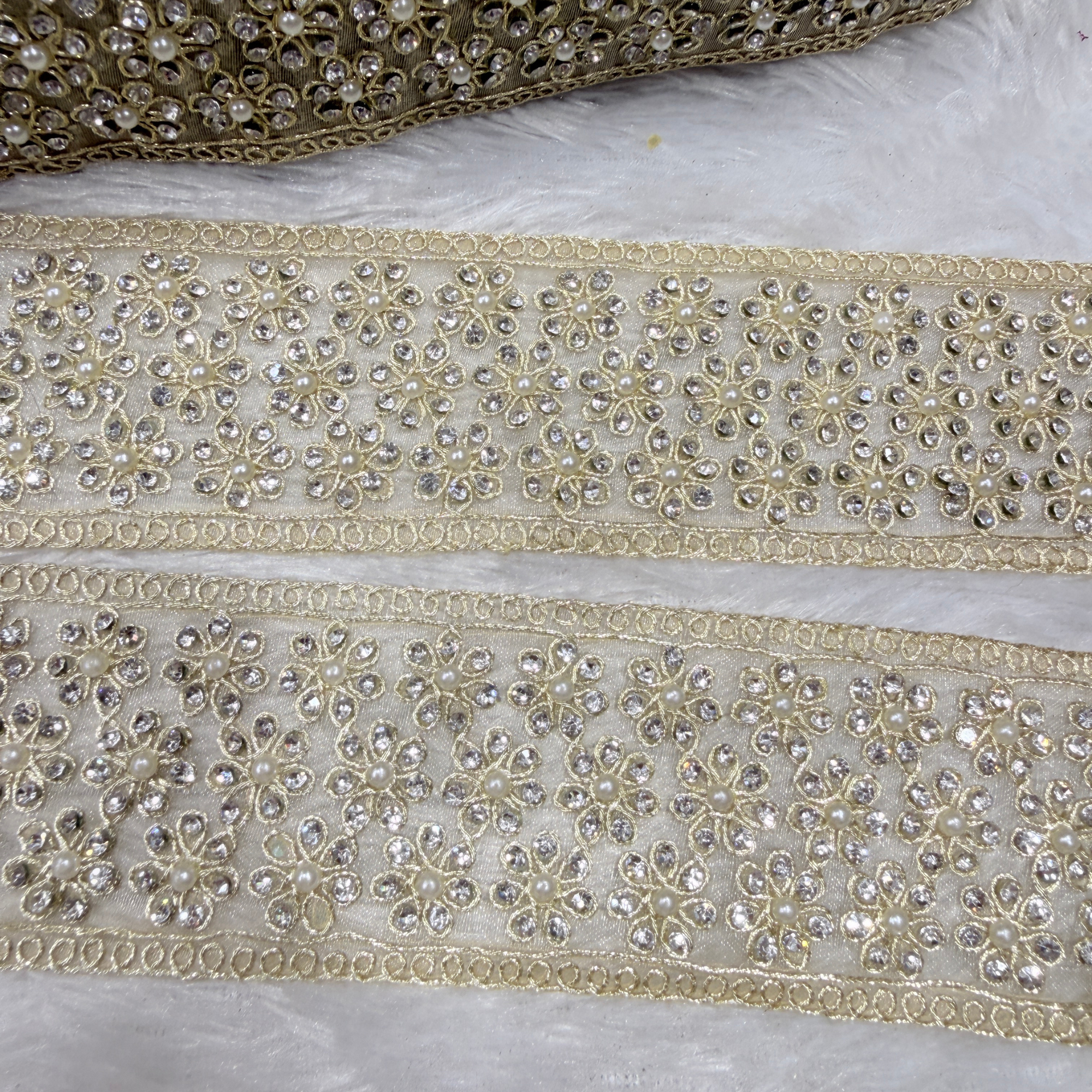 Pearl & Floral Stone Work Embroidered Lace Border for Bridal & Designer Wear