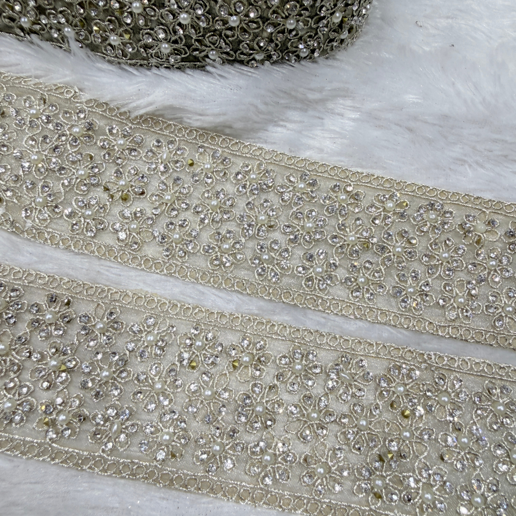 Pearl & Floral Stone Work Embroidered Lace Border for Bridal & Designer Wear