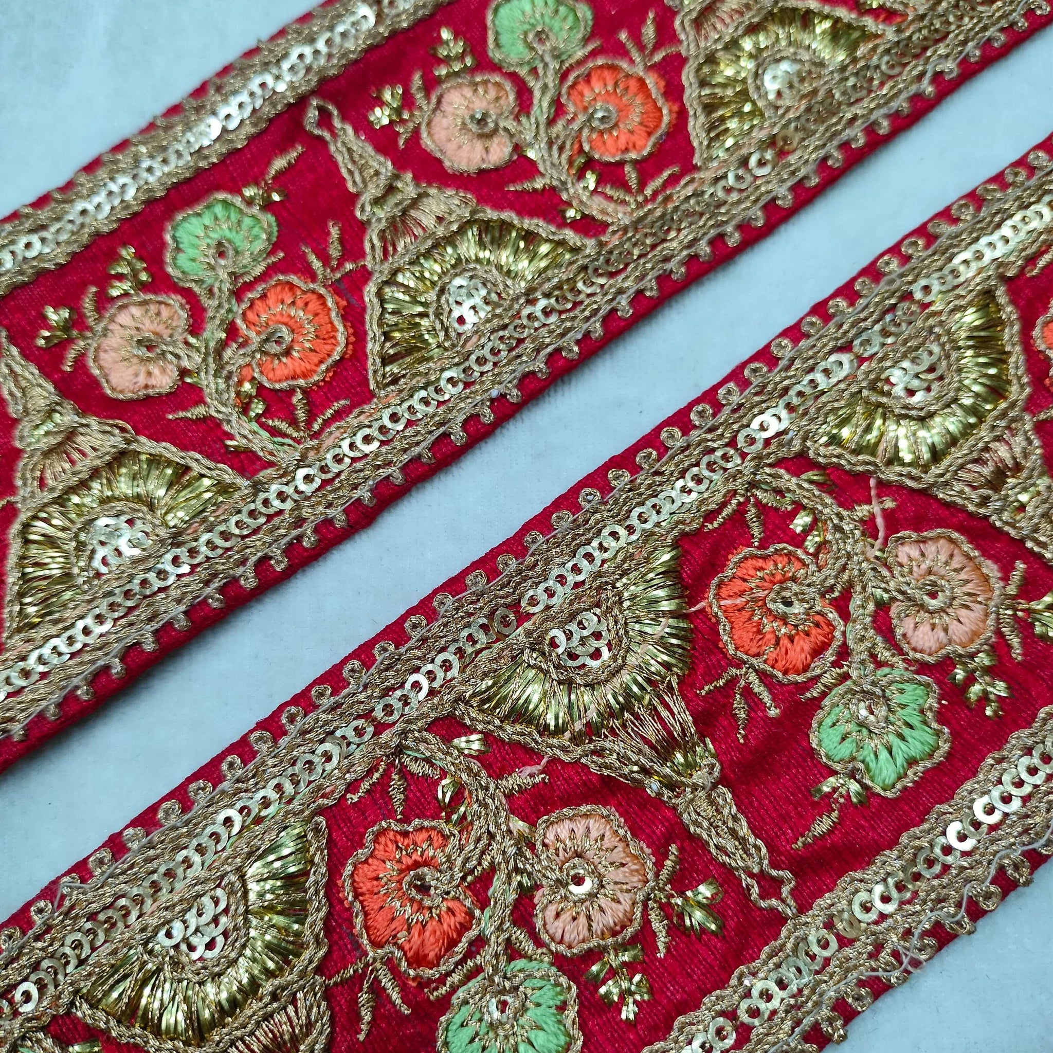 Red Fancy Zari and Thread Work Embroidered Border