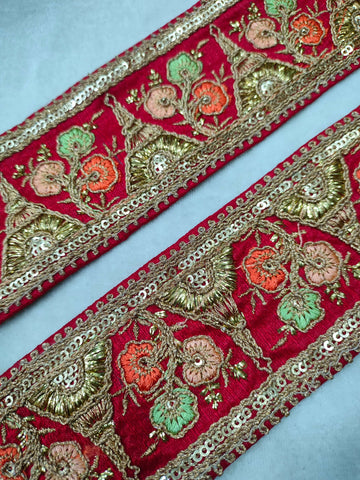 Red Fancy Zari and Thread Work Embroidered Border