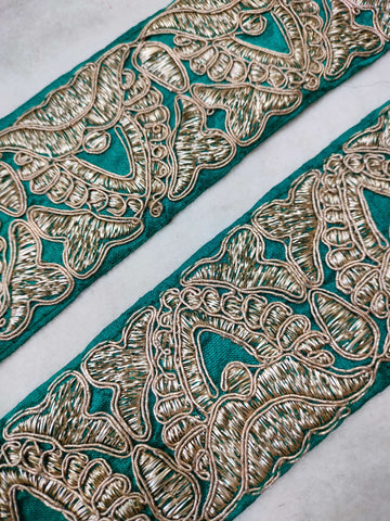 Teal Fancy Zari and Thread Work Embroidered Border