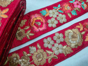 Red Fancy Zari and Thread Work Embroidered Border