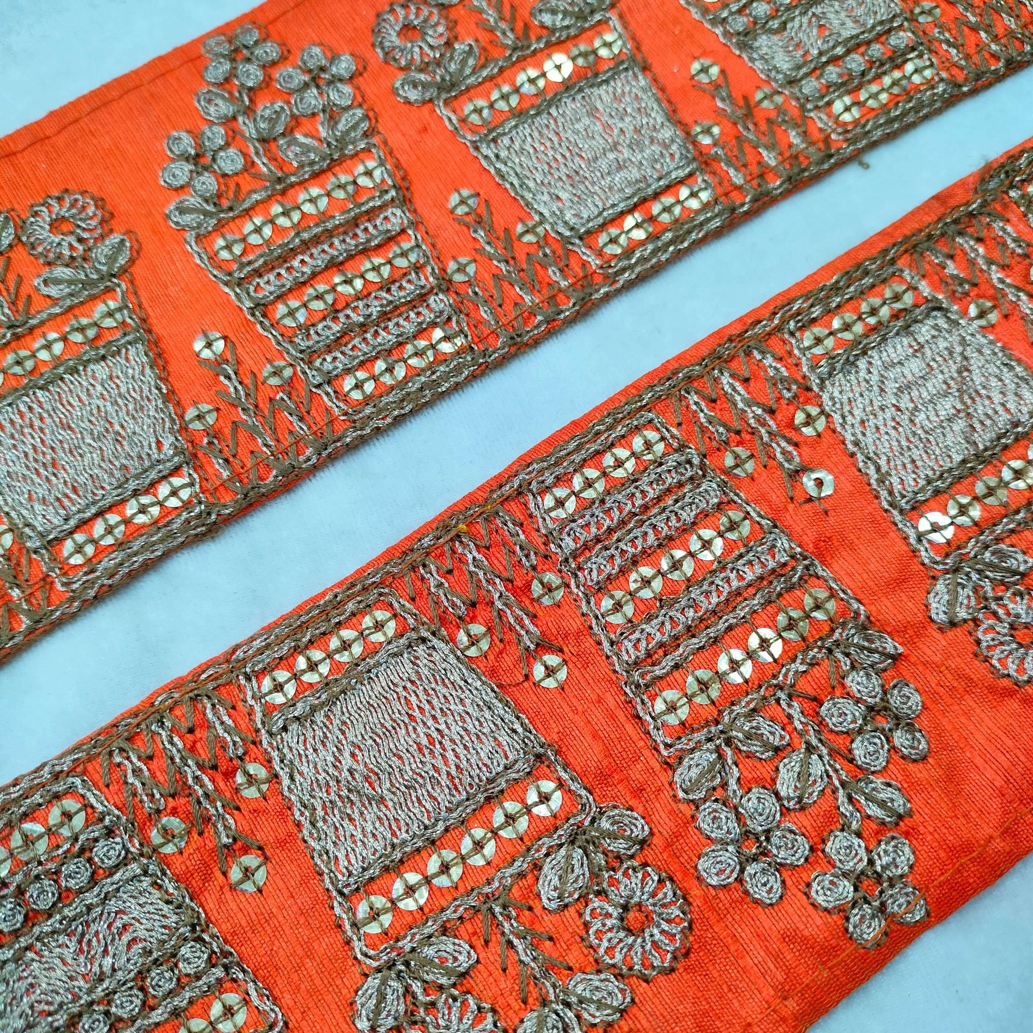 Orange Fancy Zari and Thread Work Embroidered Border