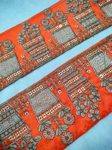 Orange Fancy Zari and Thread Work Embroidered Border