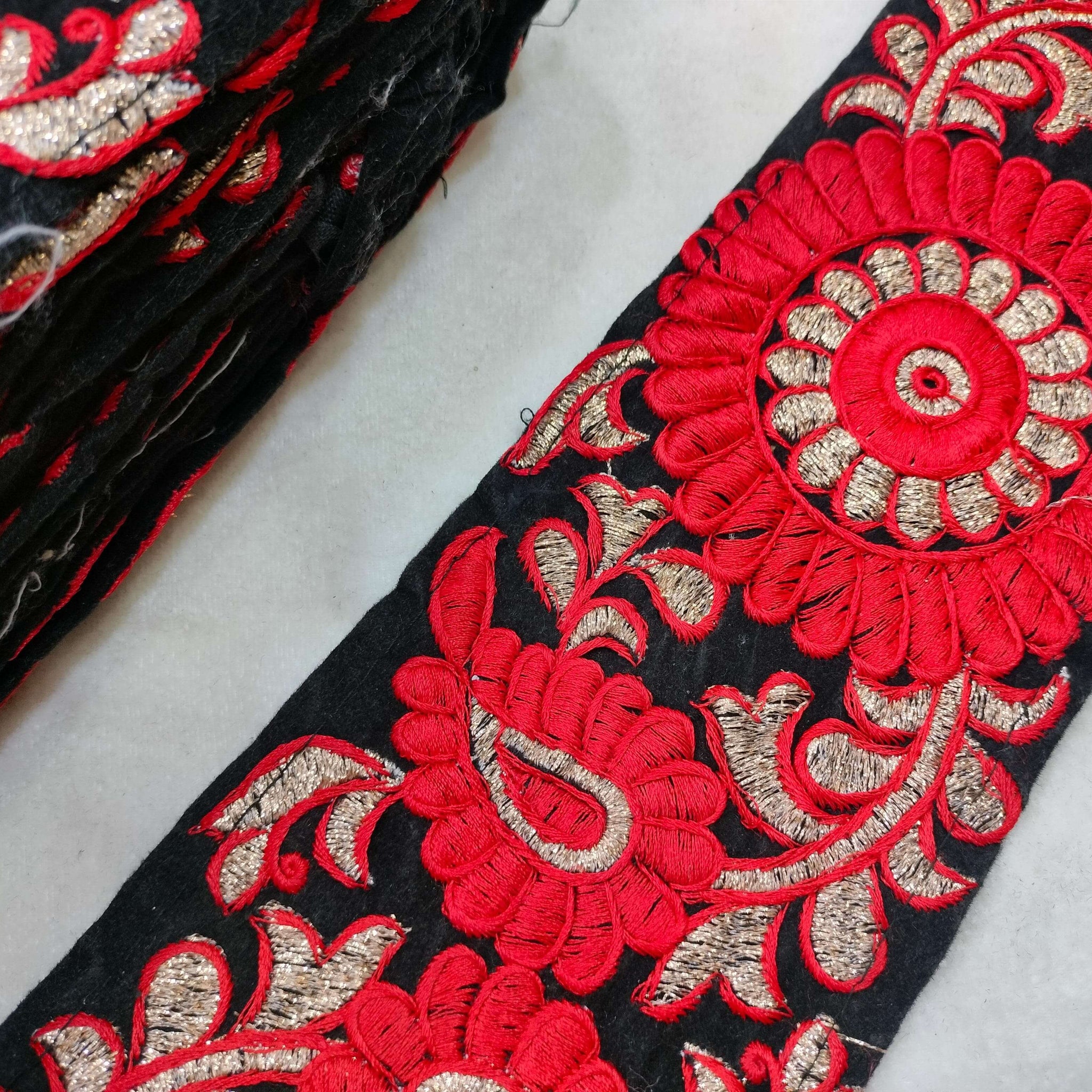 Red  Zari and Thread Work Embroidered Border