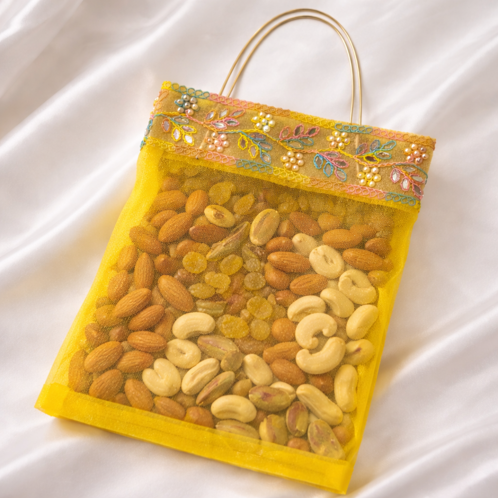 Organza Wedding Gift Bag with Pearl & Thread Work – Return Gift Packaging (Set of 12 / 24)