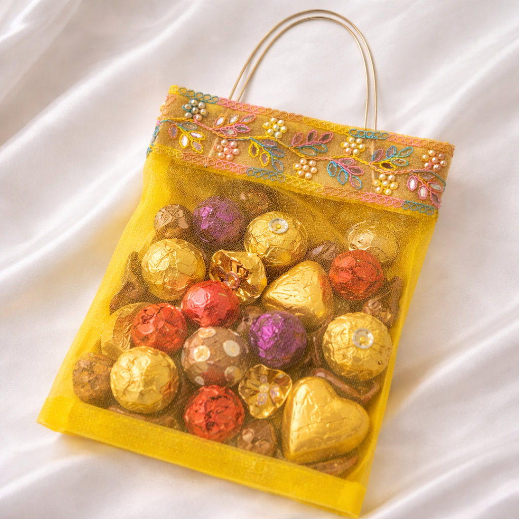 Organza Wedding Gift Bag with Pearl & Thread Work – Return Gift Packaging (Set of 12 / 24)