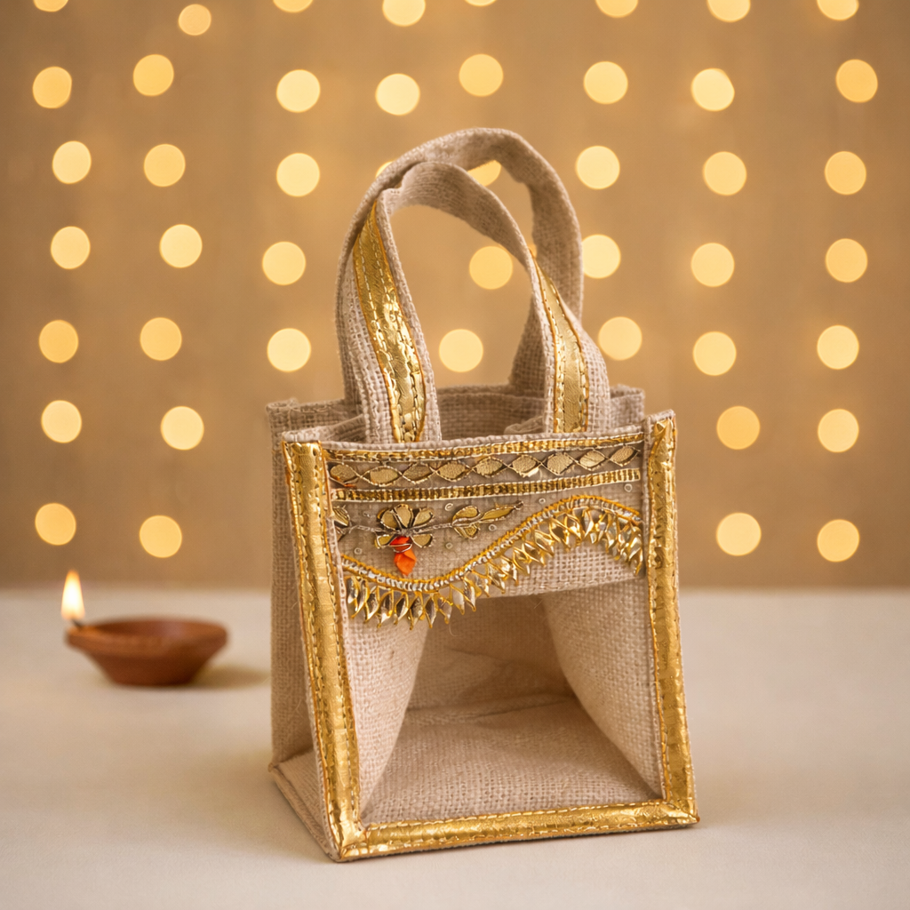 Jute Wedding Gift Tote Bag with Gota Lace Detailing (Set of 12 & 24)