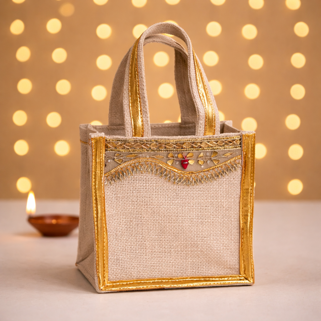 Luxury Jute Wedding Return Gift Bags with Gota Lace (Set of 12 & 24)