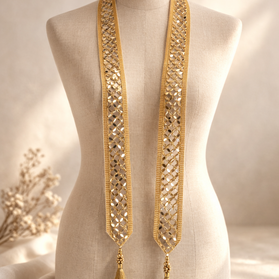 Golden Base Mirror Work Fabric Neck Mala with Tassels for Ethnic & Fusion Wear (Set Of 12 &24 Pieces)