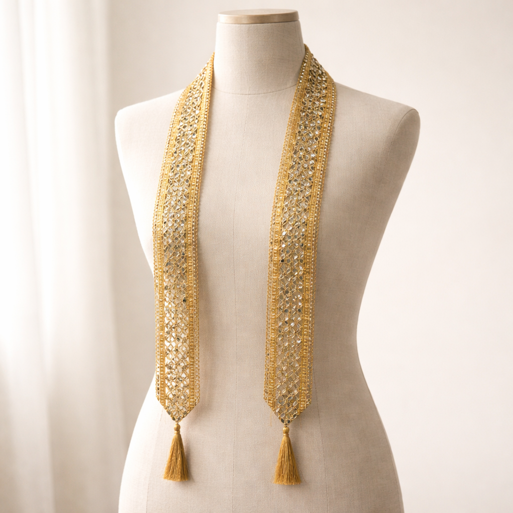 Gold Mirror Work Fabric Neck Mala with Tassels for Ethnic & Fusion Wear (Set Of 12 &24 Pieces)