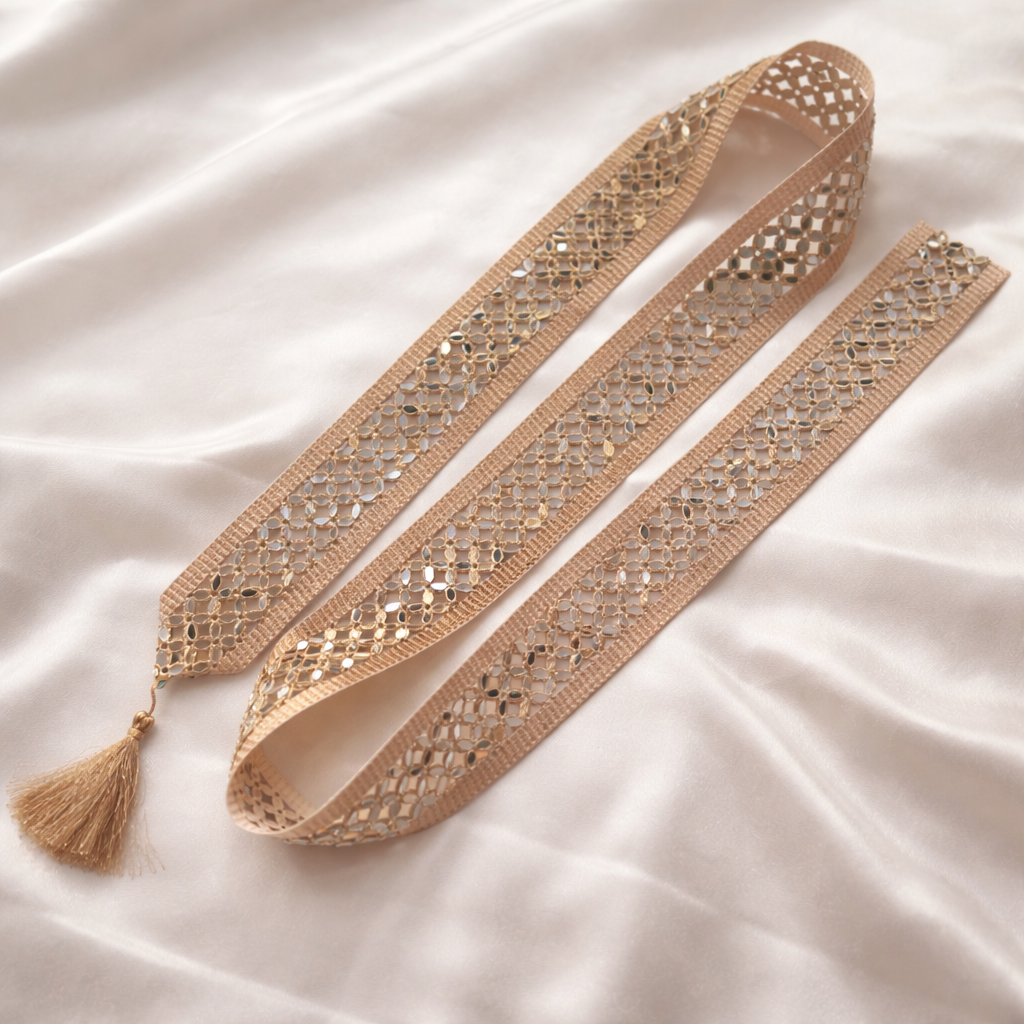 Rose Gold Mirror Work Fabric Neck Mala with Tassels for Ethnic & Fusion Wear (Set Of 12 &24 Pieces)