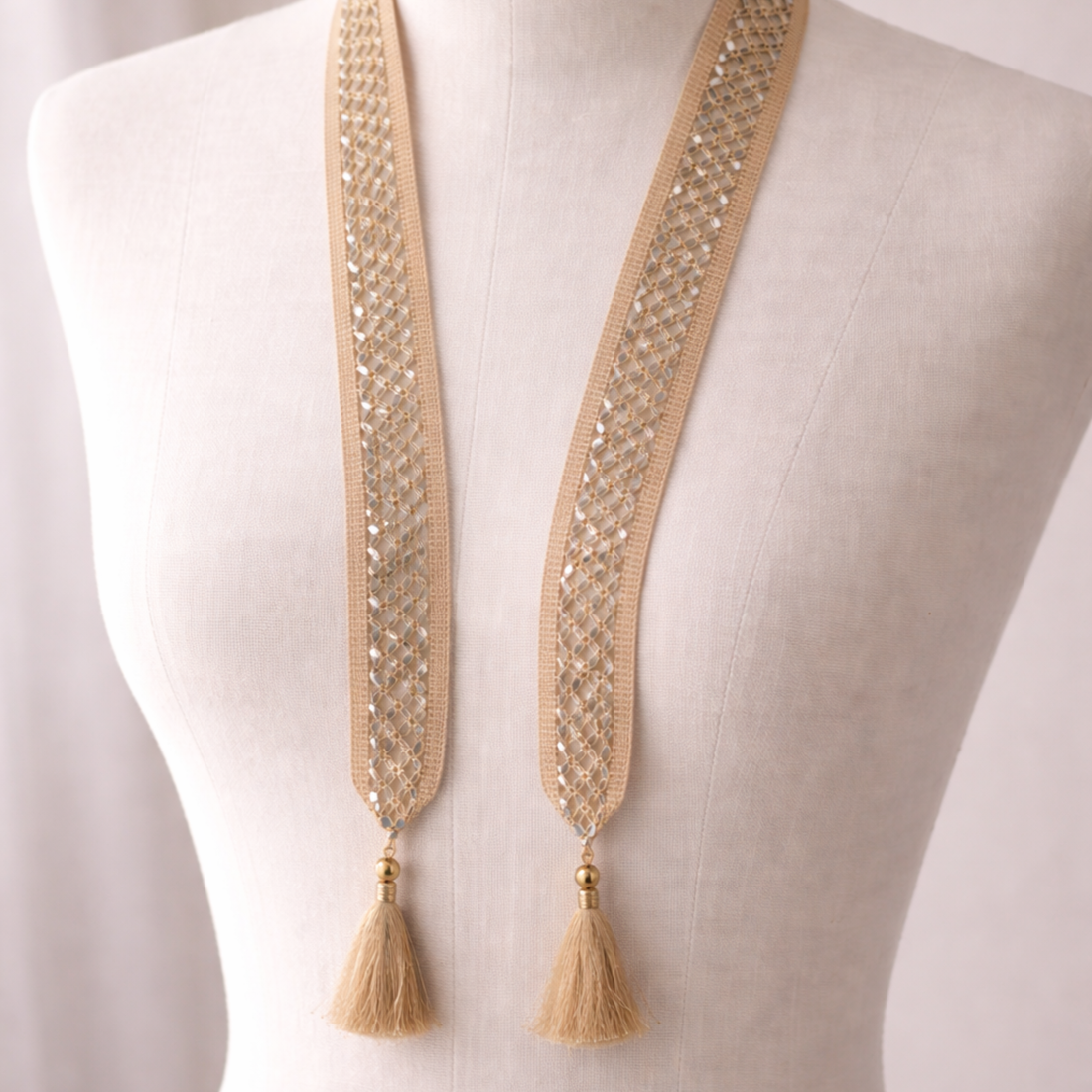 Rose Gold Mirror Work Fabric Neck Mala with Tassels for Ethnic & Fusion Wear (Set Of 12 &24 Pieces)