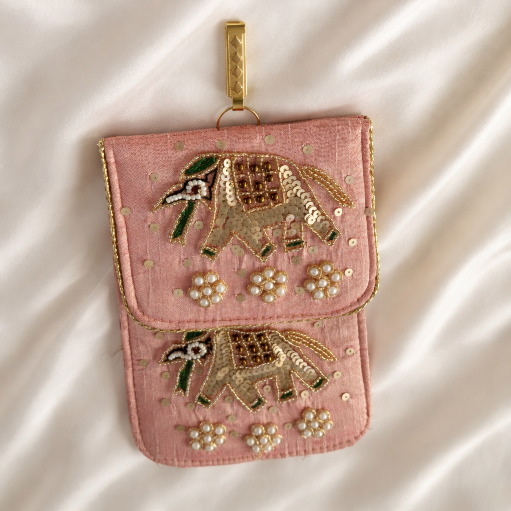 Embroidered Fabric Wedding Utility Gift Pouch with Elephant Motif (Mix Colors) – Set of 12 & 24