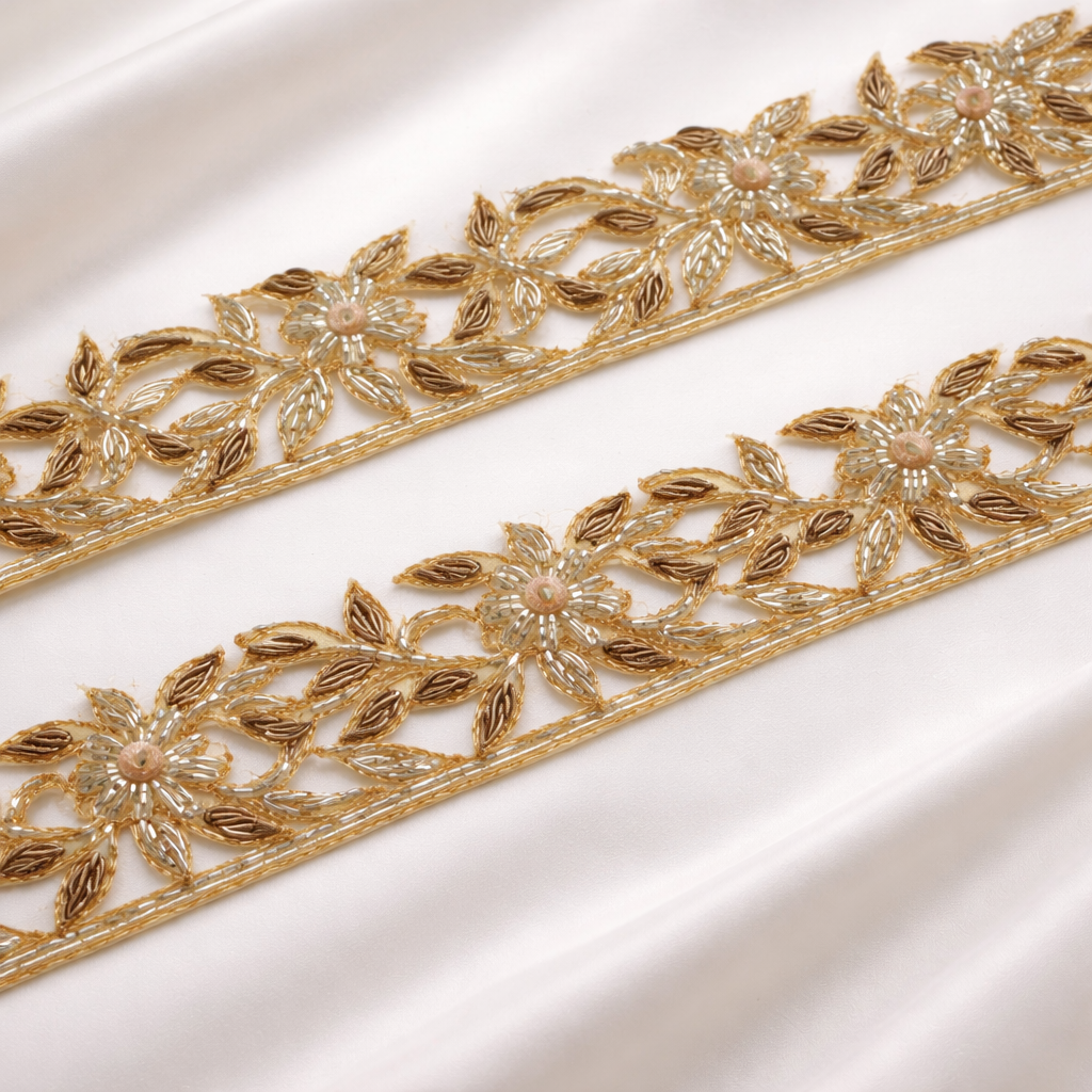 Gold and Brown Floral Beaded Zardozi Lace Trim