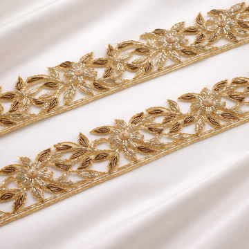 Gold and Brown Floral Beaded Zardozi Lace Trim