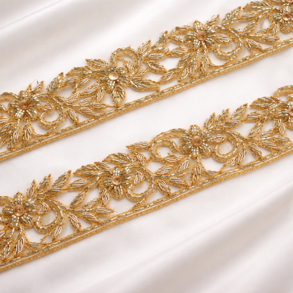 Golden Floral Beaded Lace Trim with Zardozi Detailing