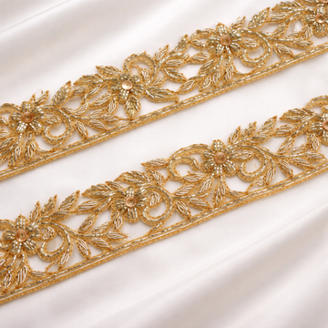 Golden Floral Beaded Lace Trim with Zardozi Detailing