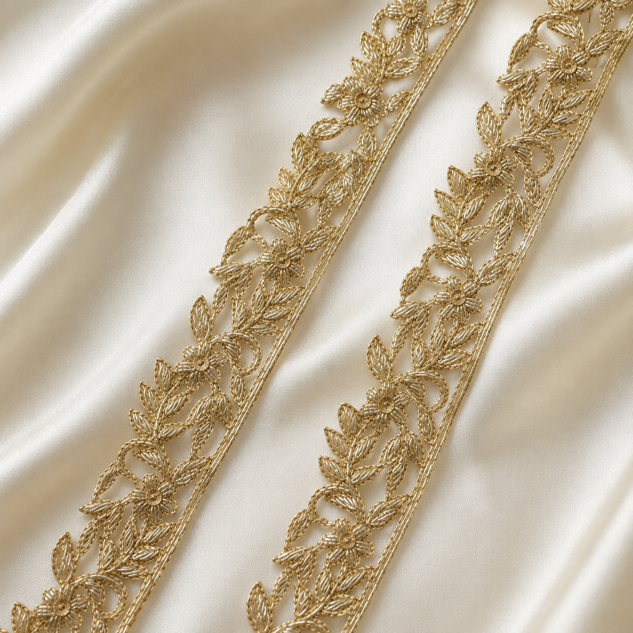 Light Golden Floral Beaded Lace Trim with Zardozi Detailing