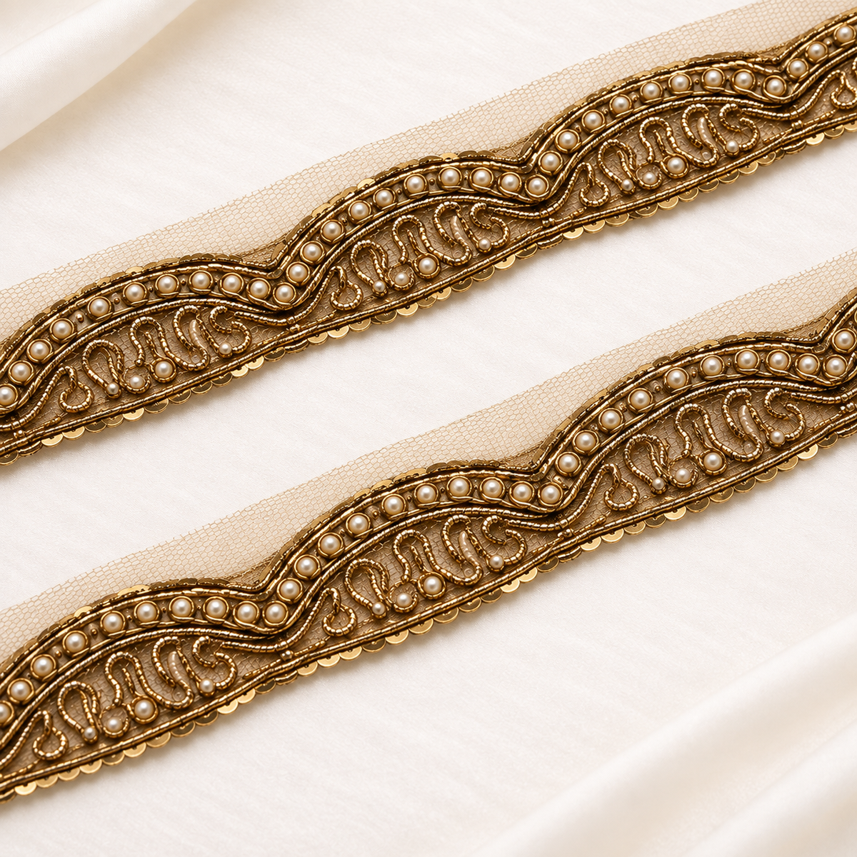 Elegant Wavy Scalloped Zardozi Embroidered Lace with Pearl & Sequin Detailing