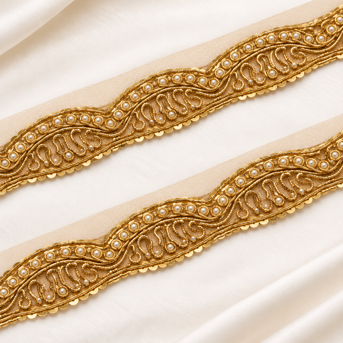 Elegant Wavy Scalloped Zardozi Embroidered Lace with Pearl & Sequin Detailing