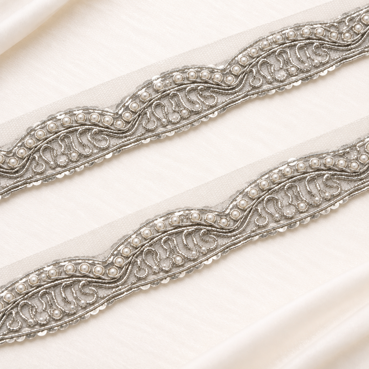 Elegant Wavy Scalloped Zardozi Embroidered Lace with Pearl & Sequin Detailing
