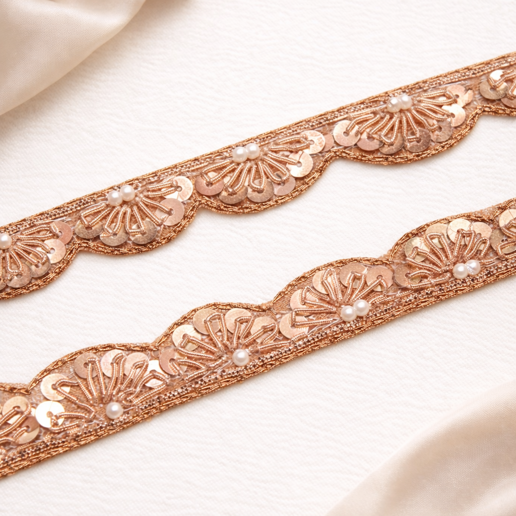 Rose Gold Handwork Zardozi Work Lace