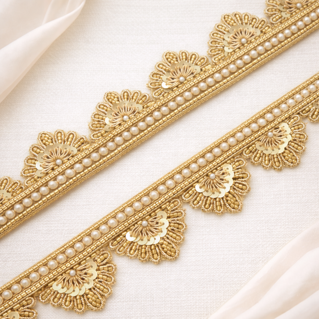 Pearl Zardozi Embroidered Scalloped Lace Border