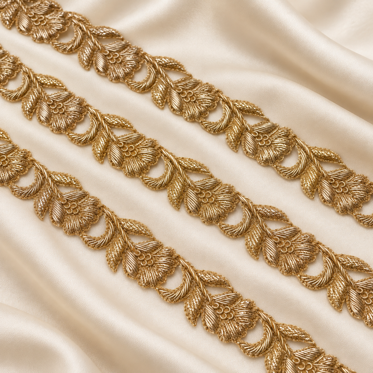 Handcrafted Zardozi Floral Embroidered Lace Border with Leaf Motif
