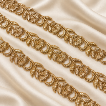 Handcrafted Zardozi Floral Embroidered Lace Border with Leaf Motif