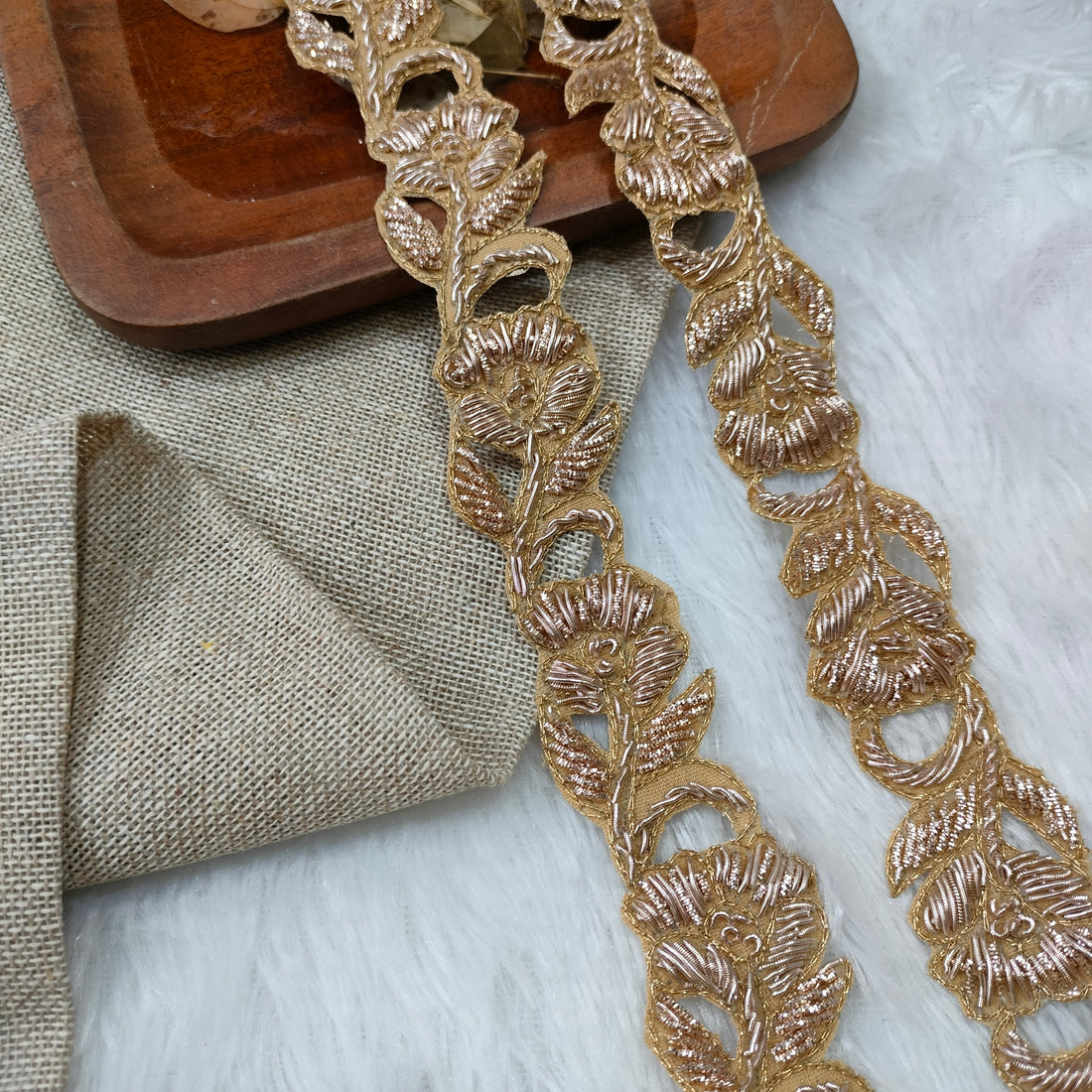 Handcrafted Zardozi Floral Embroidered Lace Border with Leaf Motif