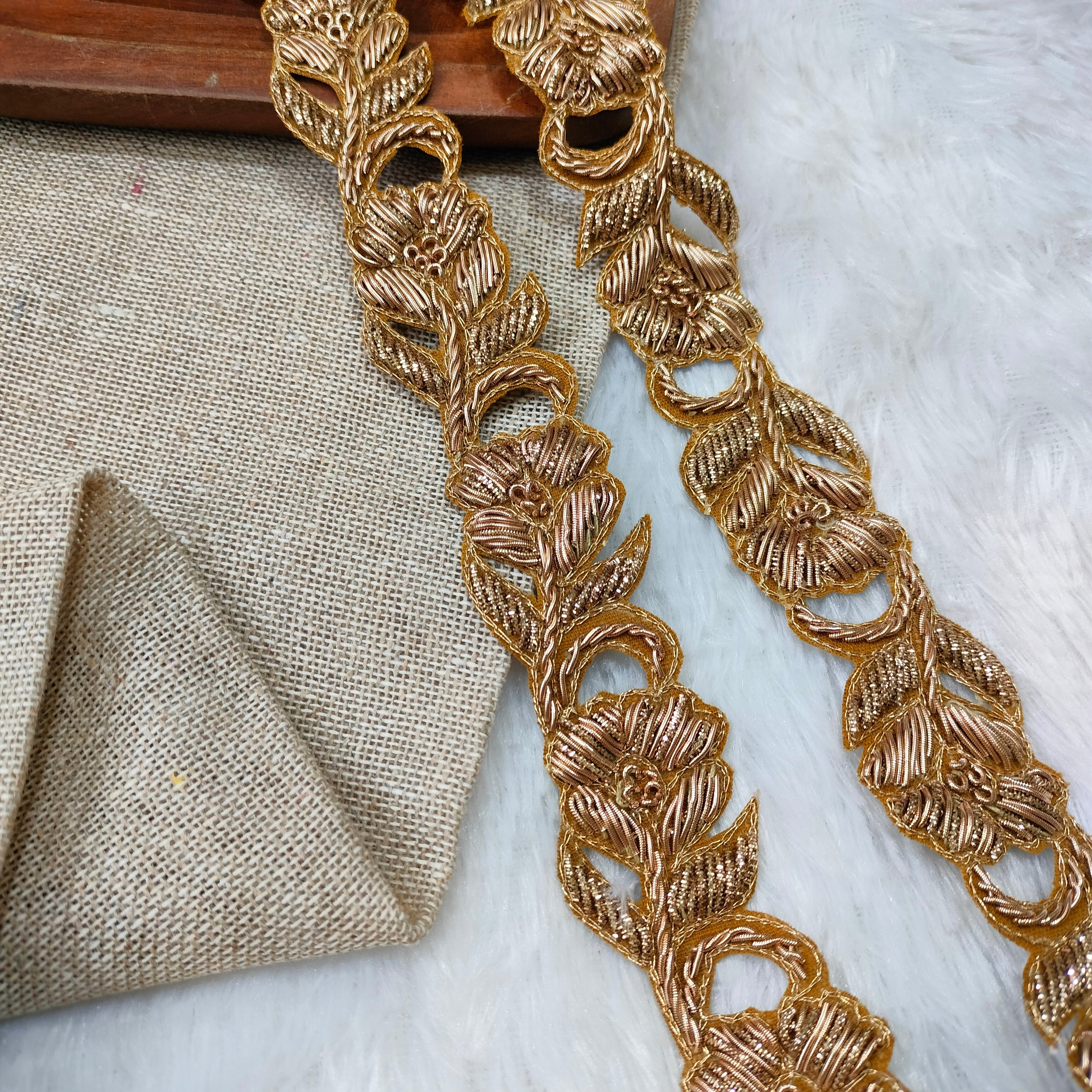 Handcrafted Zardozi Floral Embroidered Lace Border with Leaf Motif