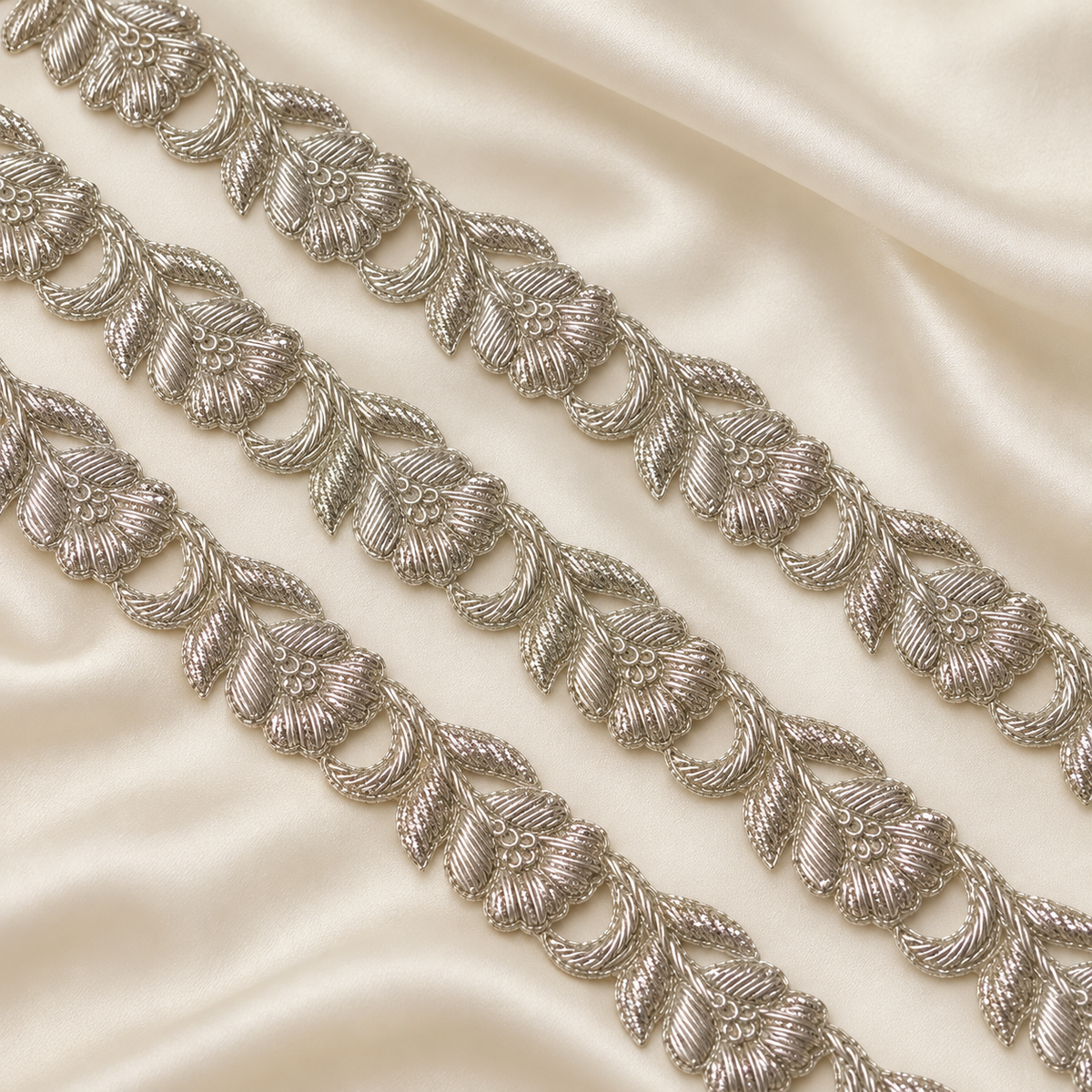 Handcrafted Zardozi Floral Embroidered Lace Border with Leaf Motif