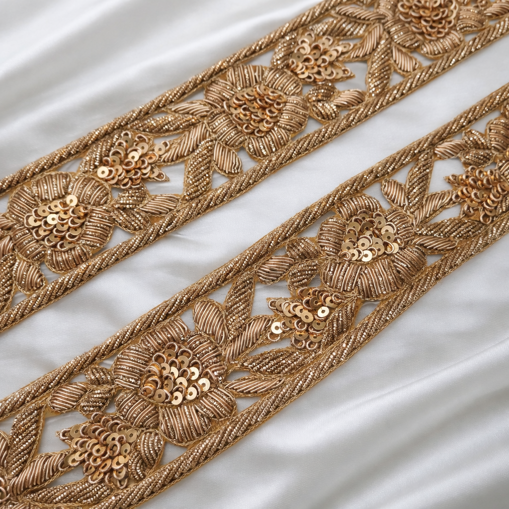 Handcrafted Zardozi Floral Sequin with Vine Detailing Trim