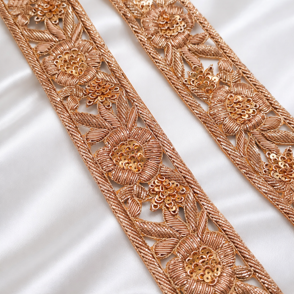 Handcrafted Zardozi Floral Sequin with Vine Detailing Trim