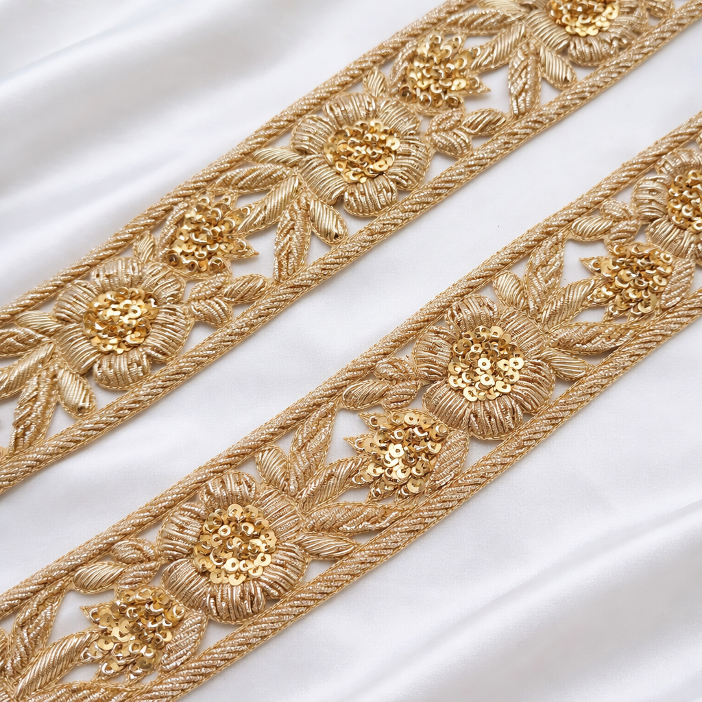 Handcrafted Zardozi Floral Sequin with Vine Detailing Trim