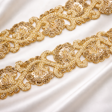 Gold Floral Sequin, Beaded & Pearl Lace Trim – Designer Handcrafted Border
