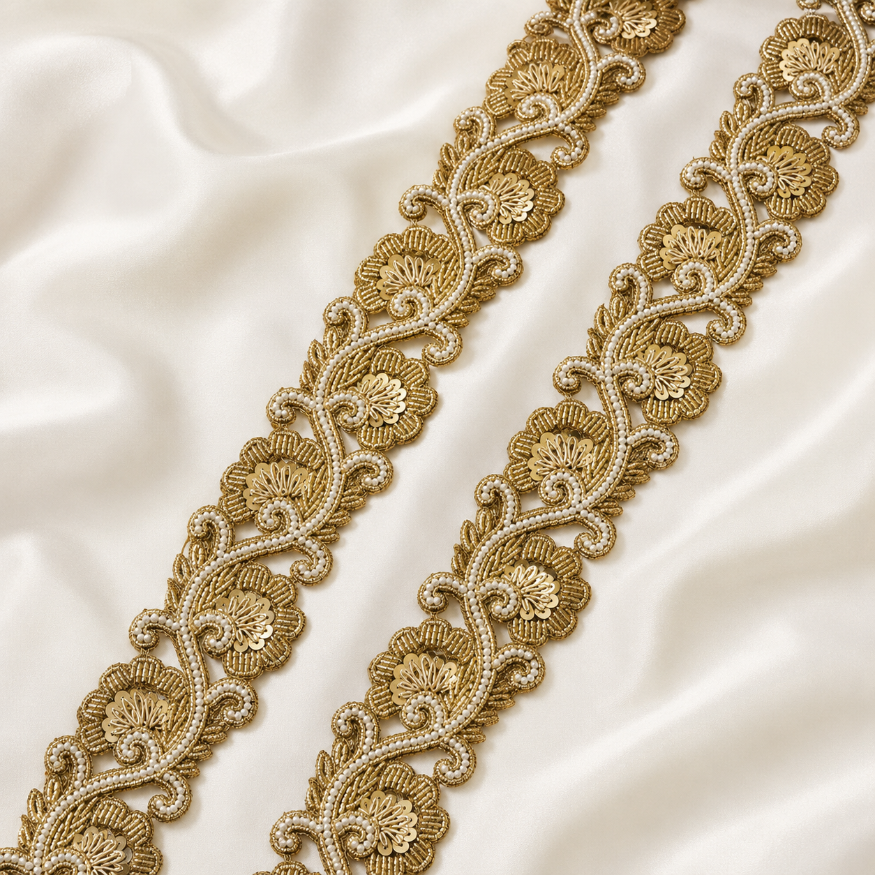 Floral Sequin, Beaded & Pearl Lace Trim – Designer Handcrafted Border