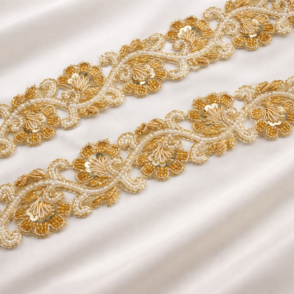 Floral Sequin, Beaded & Pearl Lace Trim – Designer Handcrafted Border