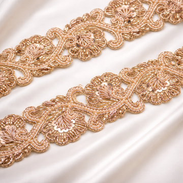 Rose Gold Floral Sequin, Beaded & Pearl Lace Trim – Designer Handcrafted Border