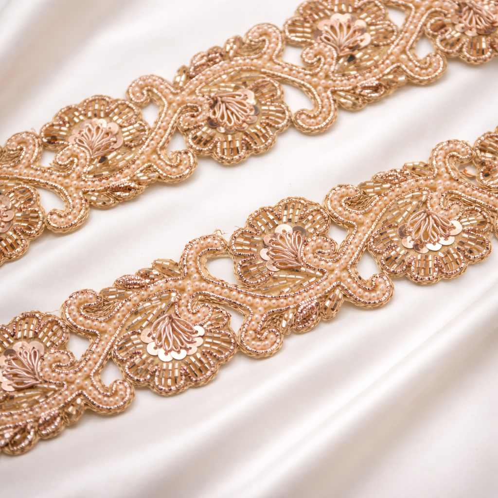 Floral Sequin, Beaded & Pearl Lace Trim – Designer Handcrafted Border