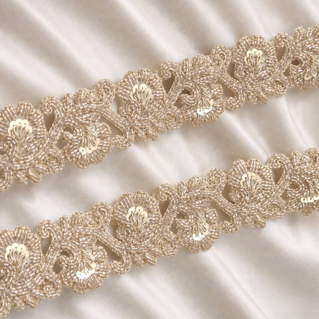 Floral Sequin, Beaded & Pearl Lace Trim – Designer Handcrafted Border