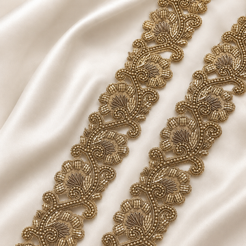 Antique Gold Floral Sequin, Beaded & Pearl Lace Trim – Designer Handcrafted Border