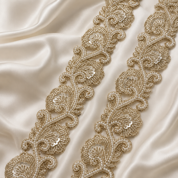 Light Gold Floral Sequin, Beaded & Pearl Lace Trim – Designer Handcrafted Border