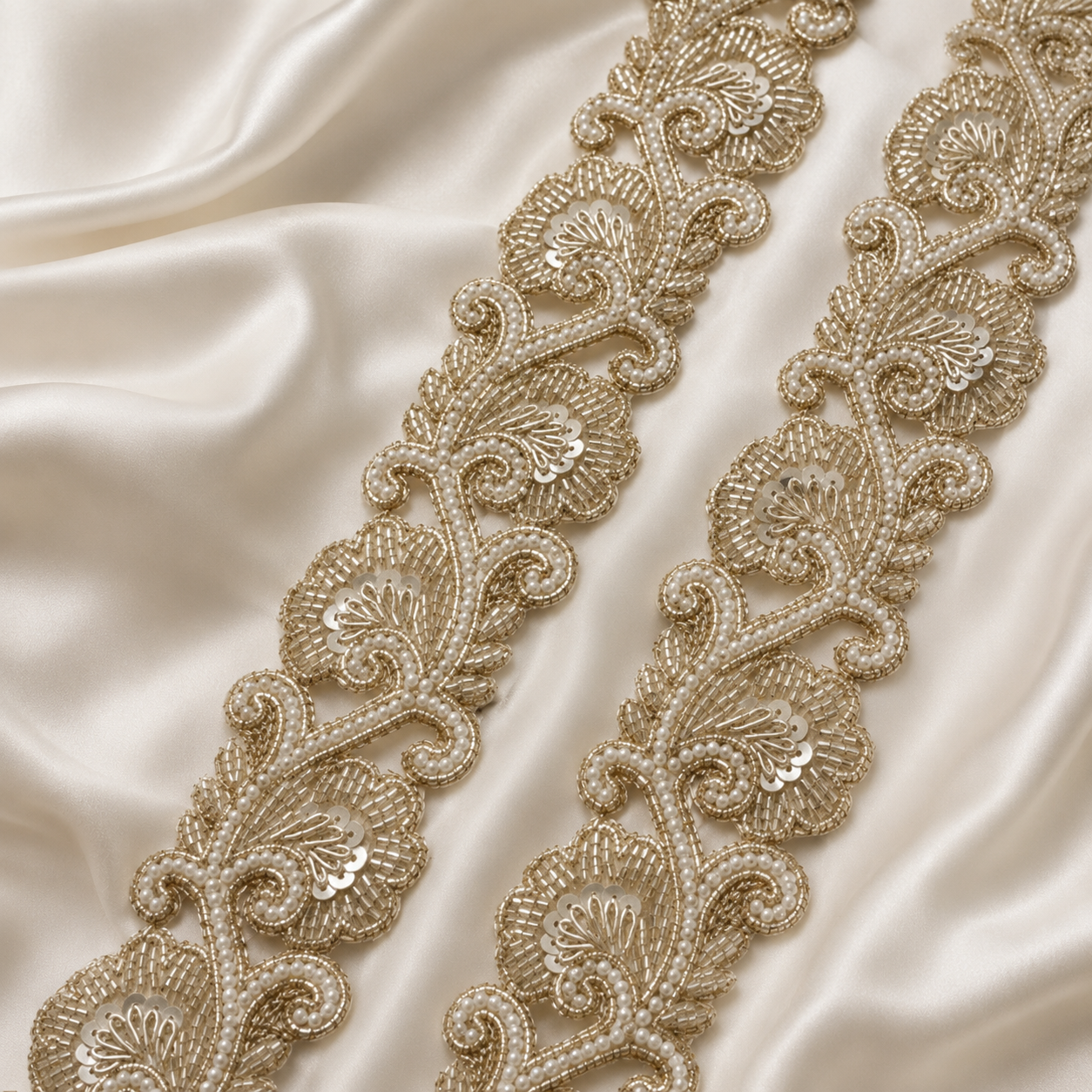 Floral Sequin, Beaded & Pearl Lace Trim – Designer Handcrafted Border