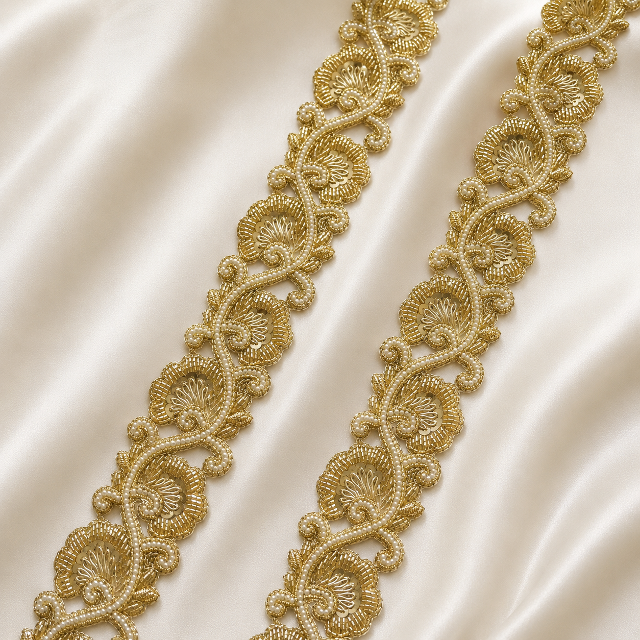 Floral Sequin, Beaded & Pearl Lace Trim – Designer Handcrafted Border