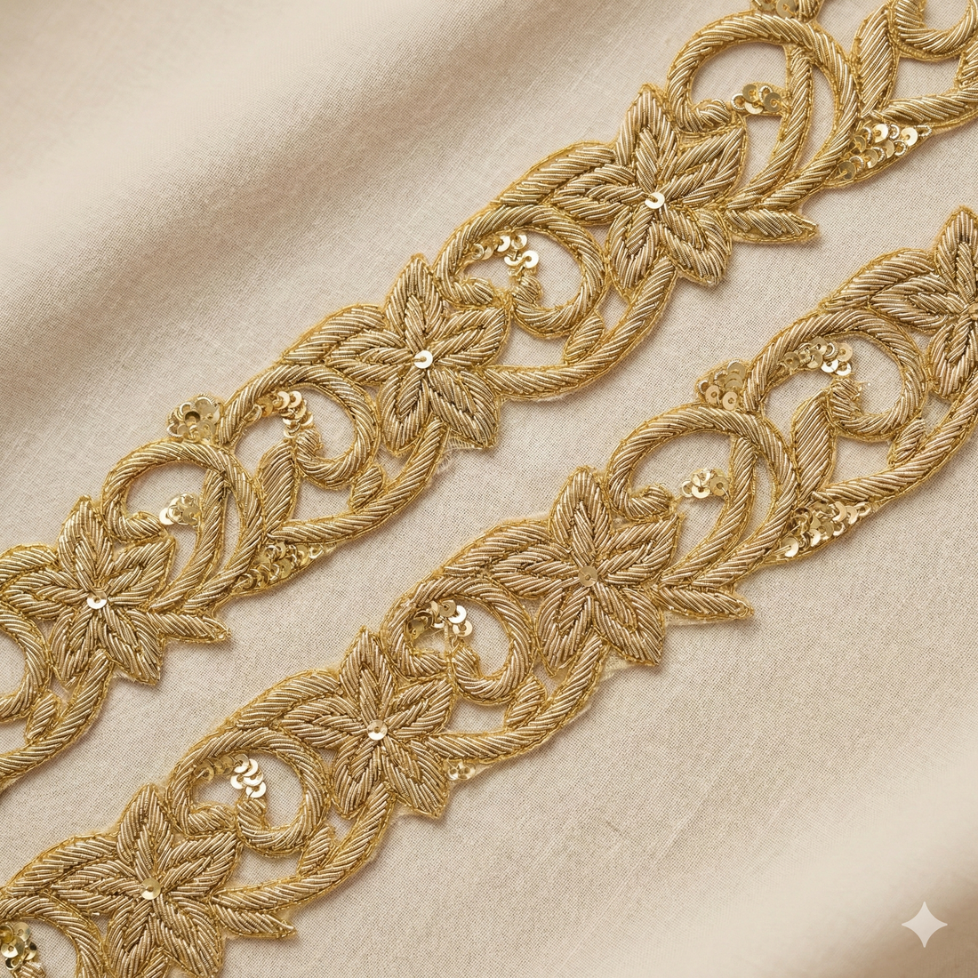 Handcrafted Zardozi Floral Vine Embroidered Lace Border with Sequin Highlights