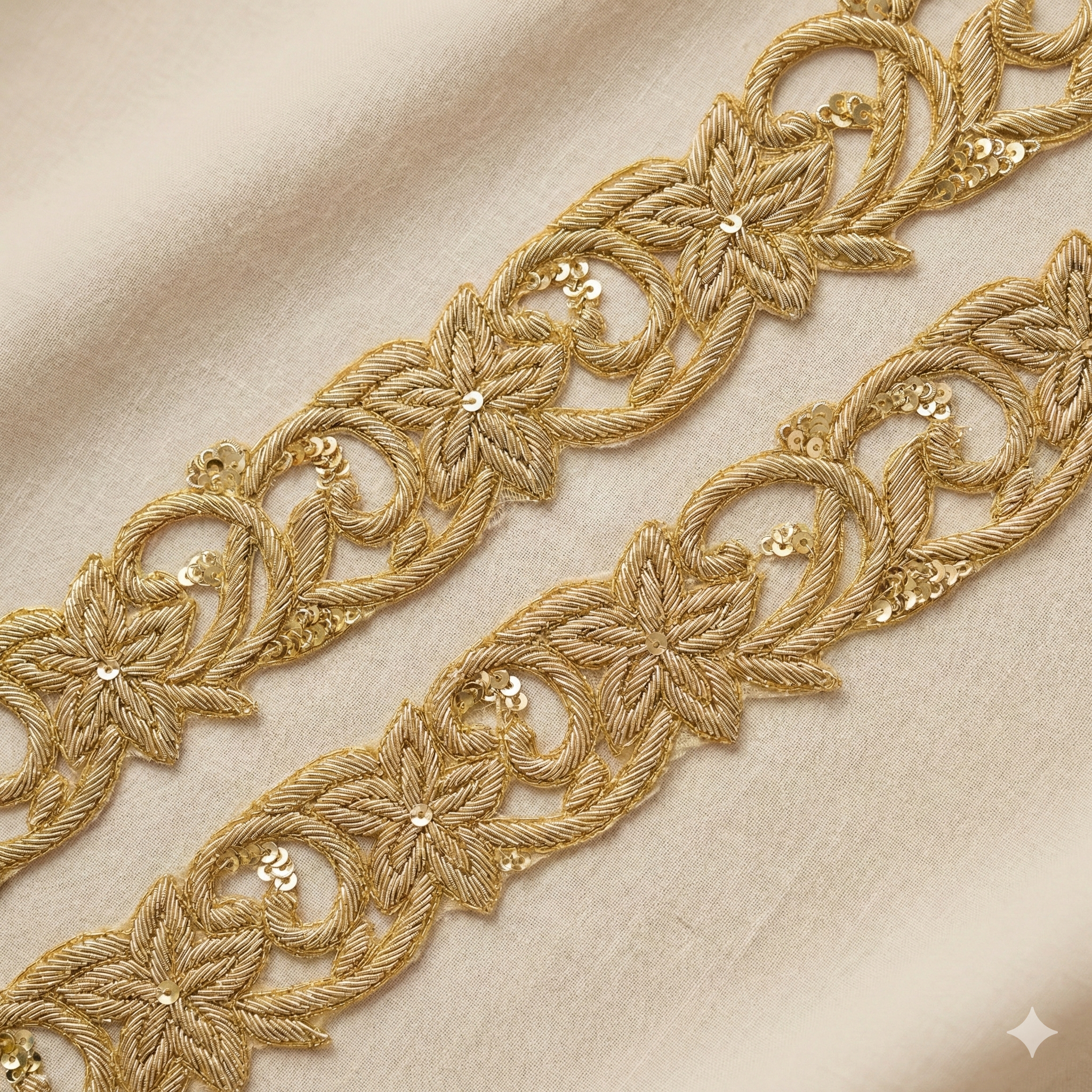 Handcrafted Zardozi Floral Vine Embroidered Lace Border with Sequin Highlights