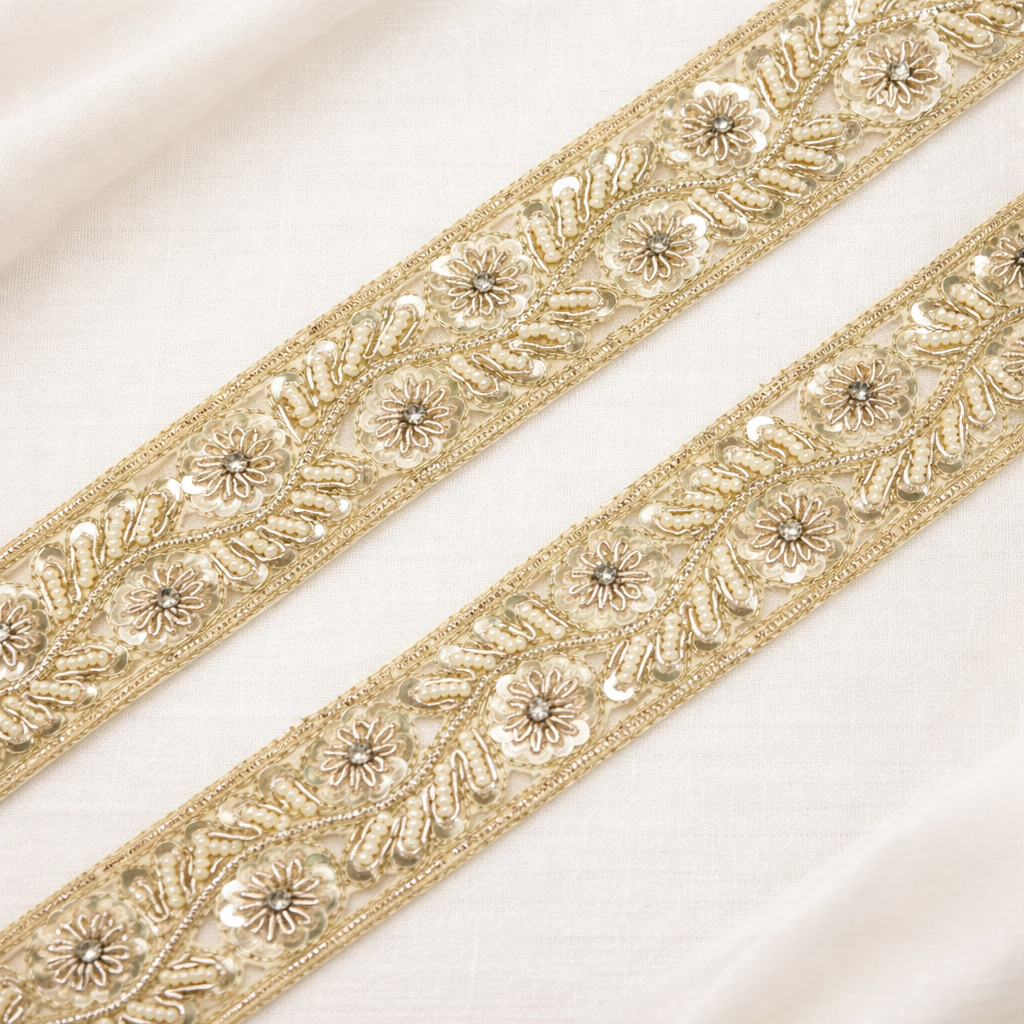 Handcrafted Zardozi Floral Pearl & Sequin Embroidered Lace Border