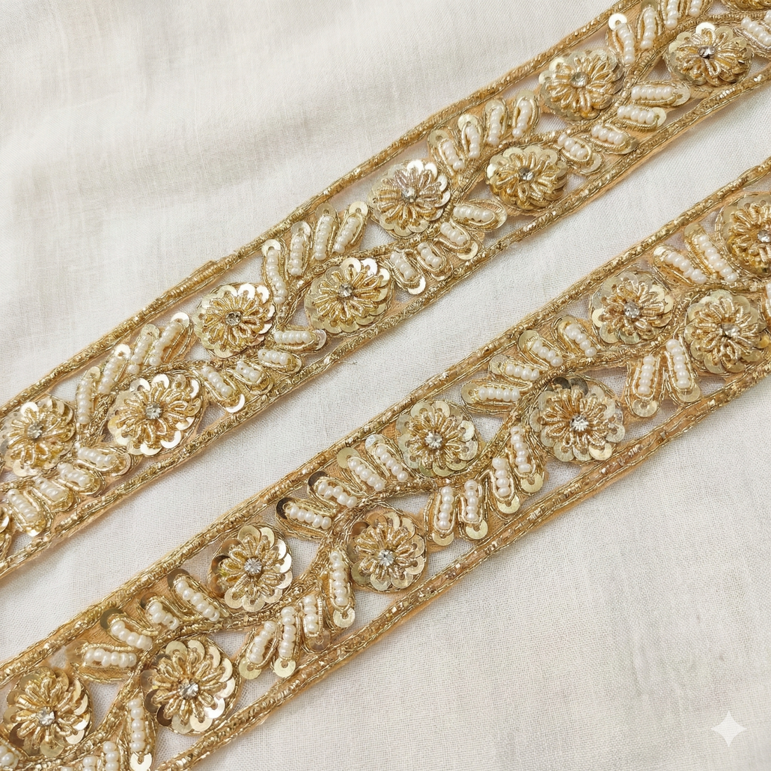 Handcrafted Zardozi Floral Pearl & Sequin Embroidered Lace Border